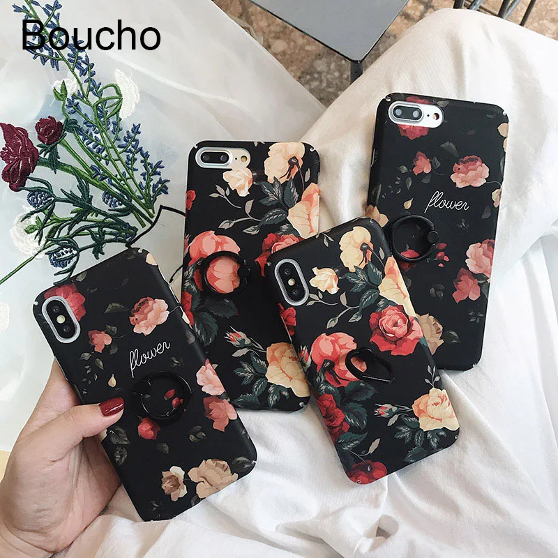 Винтажный чехол Boucho с цветочным принтом и кольцом для iPhone 6 6s 7 8 Plus X XS MAX XR Матовый