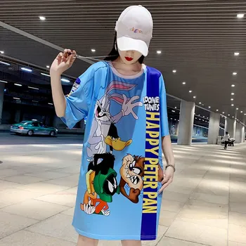 

19 summer new maternity dress cartoon print short sleeve loose long section mesh T-shirt fashion pregnancy skirt