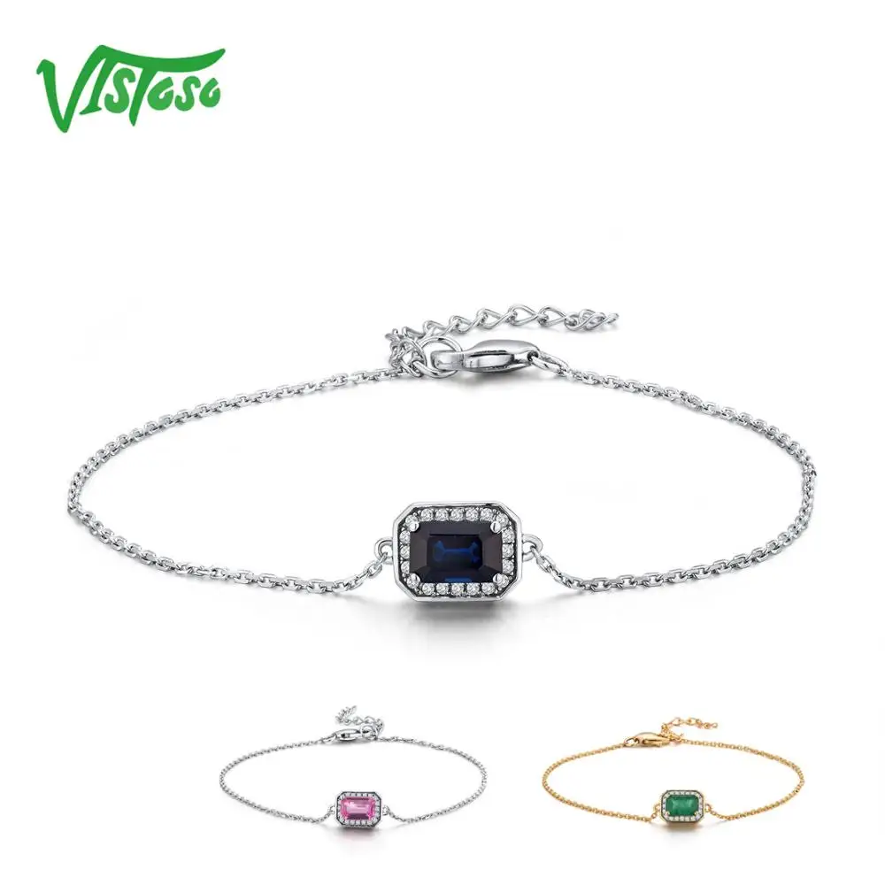 

VISTOSO 14K W/Y Gold Bracelets For Lady Fancy Octagon Blue/Pink Sapphire/Emerald Shiny Diamond Bracelet Anniversary Fine Jewelry