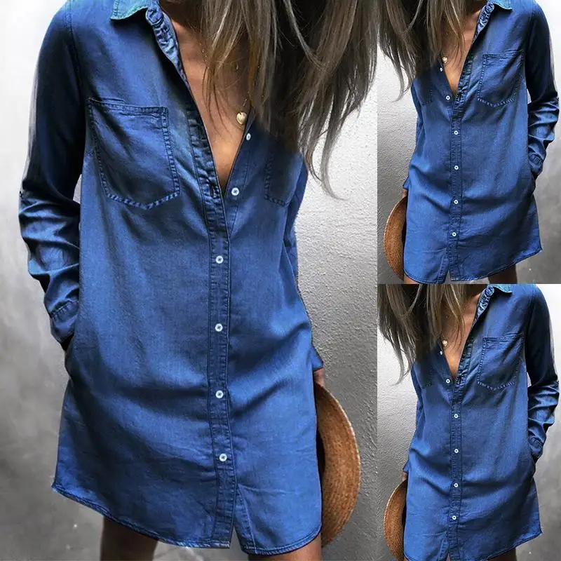 رفض طوق طويل كم فستان كاجوال الصيف جيوب واحدة الصدر Vestidos النساء الأزرق ده مين قميص اللباس SJ2935O