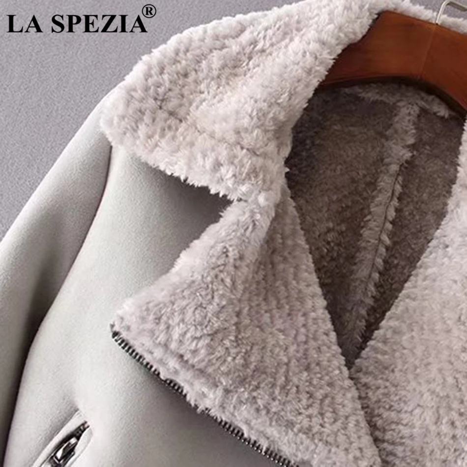 LA SPEZIA Suede Fur Coats Women Red Winter Jacket Thick Warm Female Zipper Pockets Loose Ladies Motorcycle Biker Short Jackets