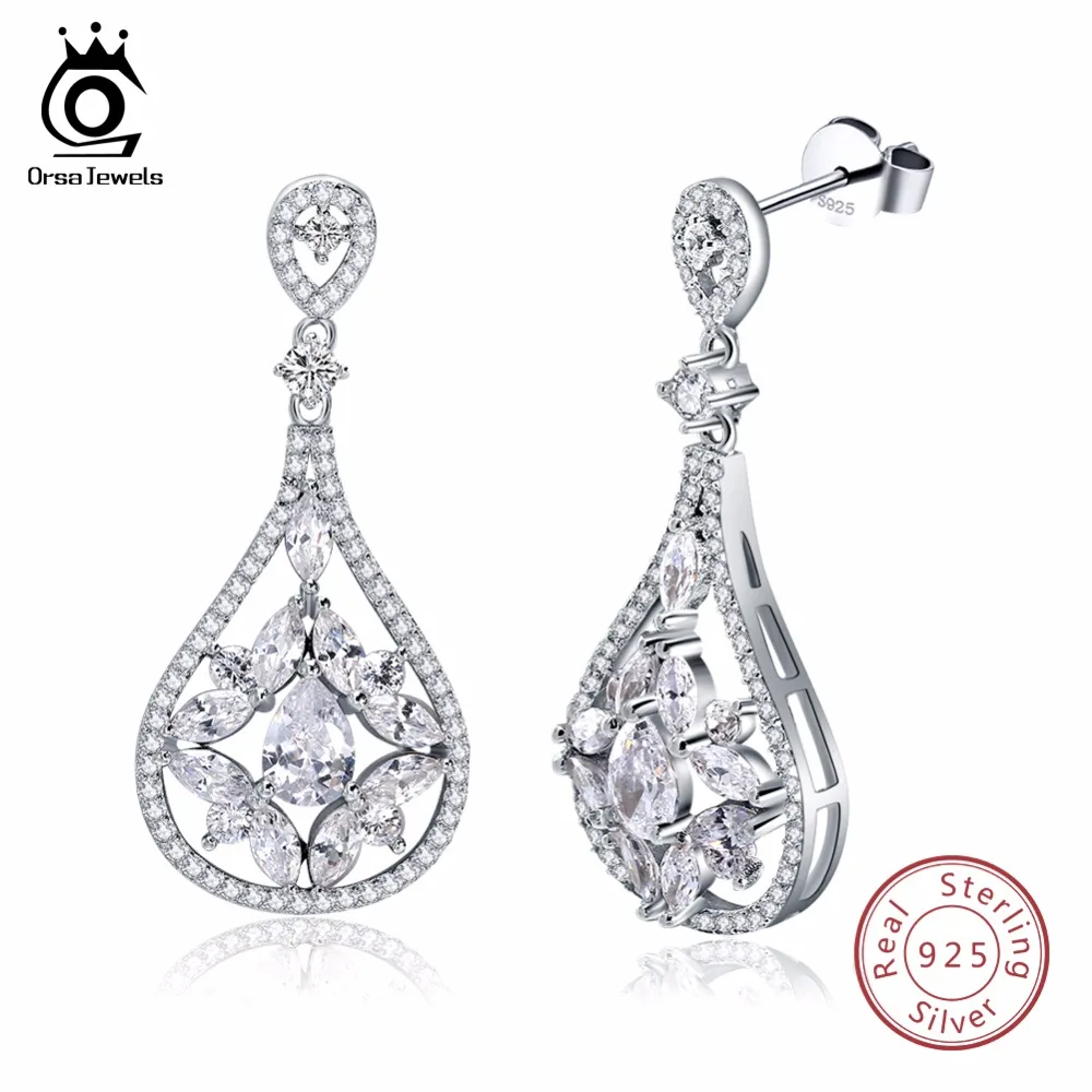

ORSA JEWELS Genuine Sterling Silver 925 Women Earrings Drop Water Drop Female Jewelry For Engagement Wedding Party SE54