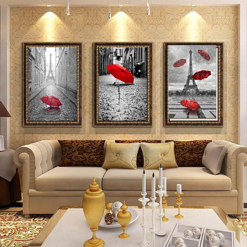 BANMU-Art-Black-and-White-Eiffel-Tower-with-Red-Umbrella-on-Paris-Street-Painting-Romantic-Picture (3)