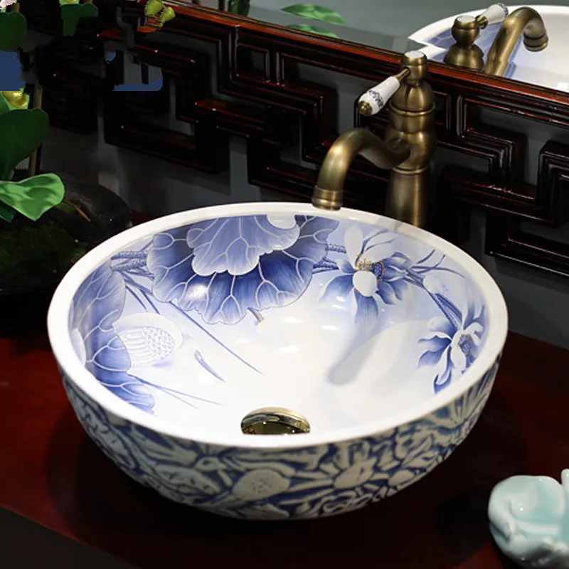 Blue and white China Artistic Handmade Art wash basin Ceramic Counter