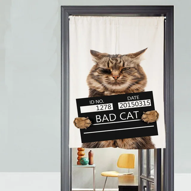 Funny Bad Cat Short Kitchen Curtains Printed Cartoon Polyester Funny Bad Cat Short Kitchen Curtains Printed Cartoon Polyester Children White Rectangle Door Studying