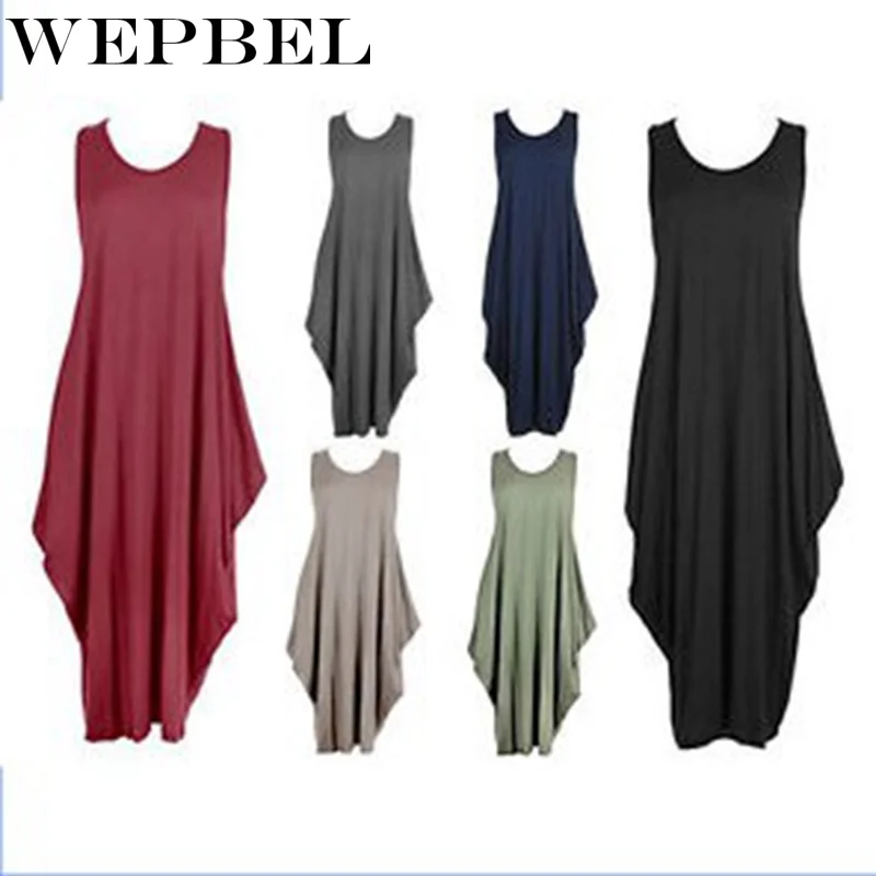 

WEPBEL Womens Ladies Baggy Lagenlook Racer Dress Solid Color Loose Tulip Sleeveless Round Neck Dress