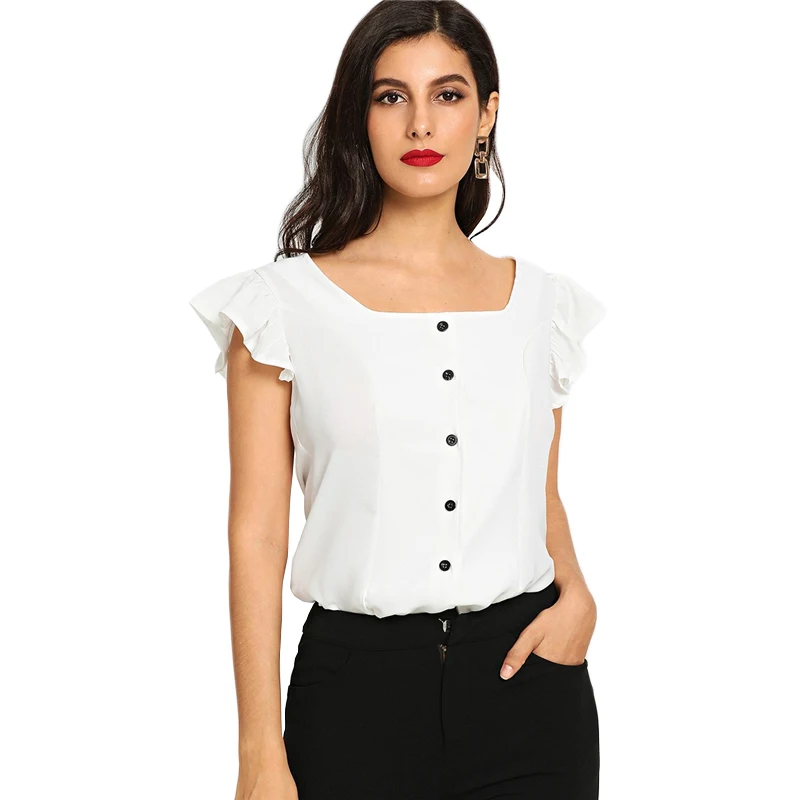 Sheinside белый элегантный топ с пуговицами для женщин летняя однотонная блузка с квадратным вырезом Женская Повседневная Блузка с рюшами