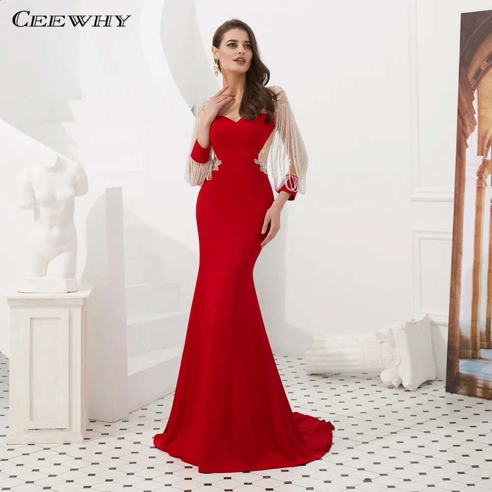 CEEWHY Red Abendkleider Dubai Women Evening Dress Long Sleeve Embroidery Tassel Evening Dresses Beaded Formal Dresses Abiye CEEWHY Red Abendkleider Dubai Women Evening Dress Long Sleeve Embroidery Tassel Evening Dresses Beaded Formal Dresses Abiye