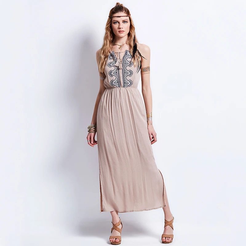 Women Summer Cotton Blends Plain Sleeveless V Neck Mid Calf Dress Women Tassel Embroidery Loose