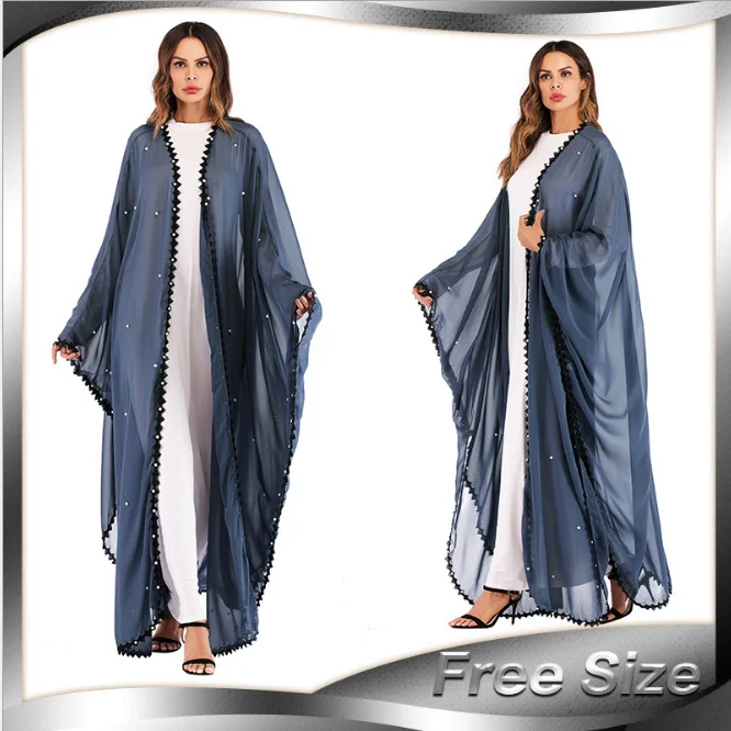 

Muslim Lace Mesh Pearls Abaya Maxi Dress Cardigan Long Robe Gowns Jubah Kimono Ramadan Arab Islamic Clothing Worship Service
