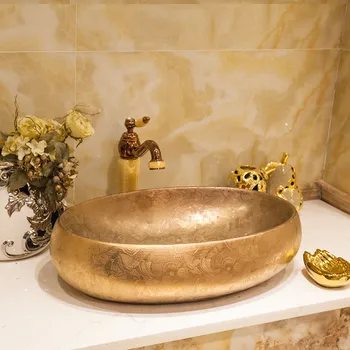 

Golden/Silver oval Gold China Artistic Handmade Engraving Ceramic wash basin Lavobo Round Countertop carved wash basin