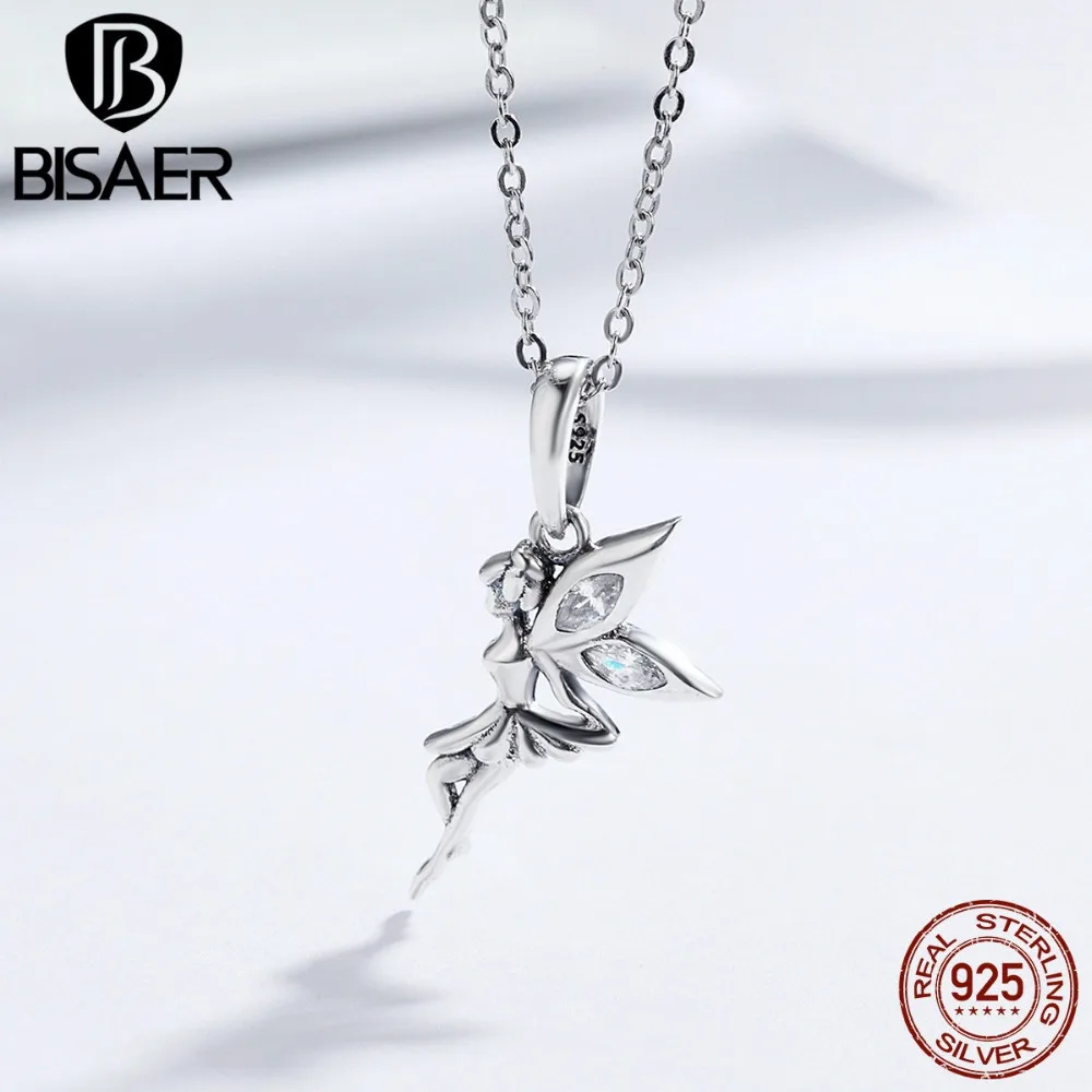 

BISAER 925 Sterling Silver Guardian Angel Dazzling Fairy Pendant Necklace Women Female Necklace Jewelry Valentine Day Gift