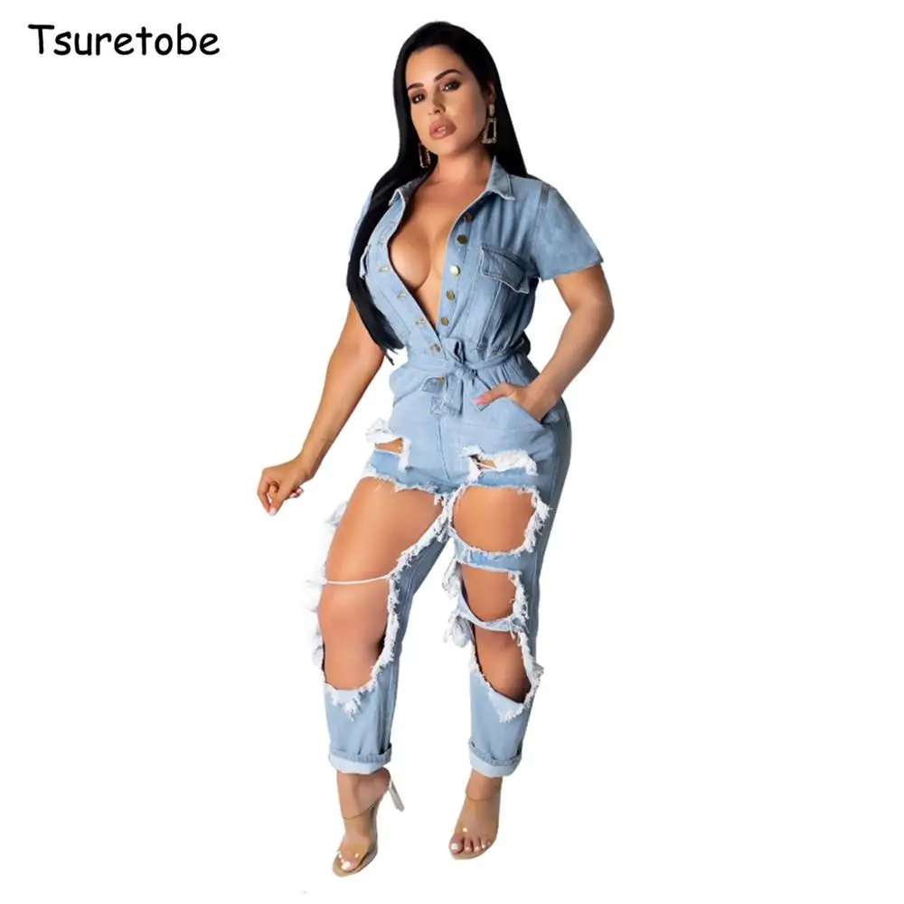 

Tsuretobe Sexy Hole Ripped Denim Jumpsuit Bandage Women Loose High Waist Jumpsuit Short Sleeve Lady Casual Elastic Romper Button