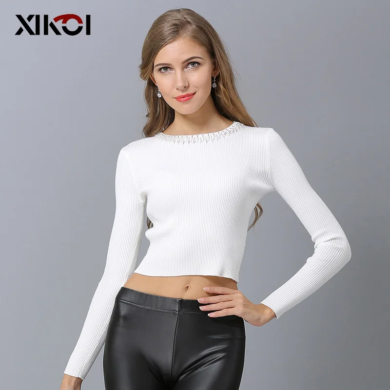 XIKOI Crop Top Women Sweater Pearl Solid Short Tops Female Sweater