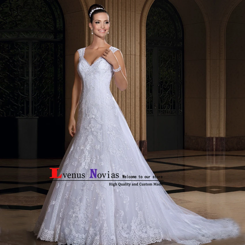 

Vestido de casamento Sexy Back Bride Dresses Romantic White Lace Wedding Dress with Detachable Train Appliques Wedding Gowns