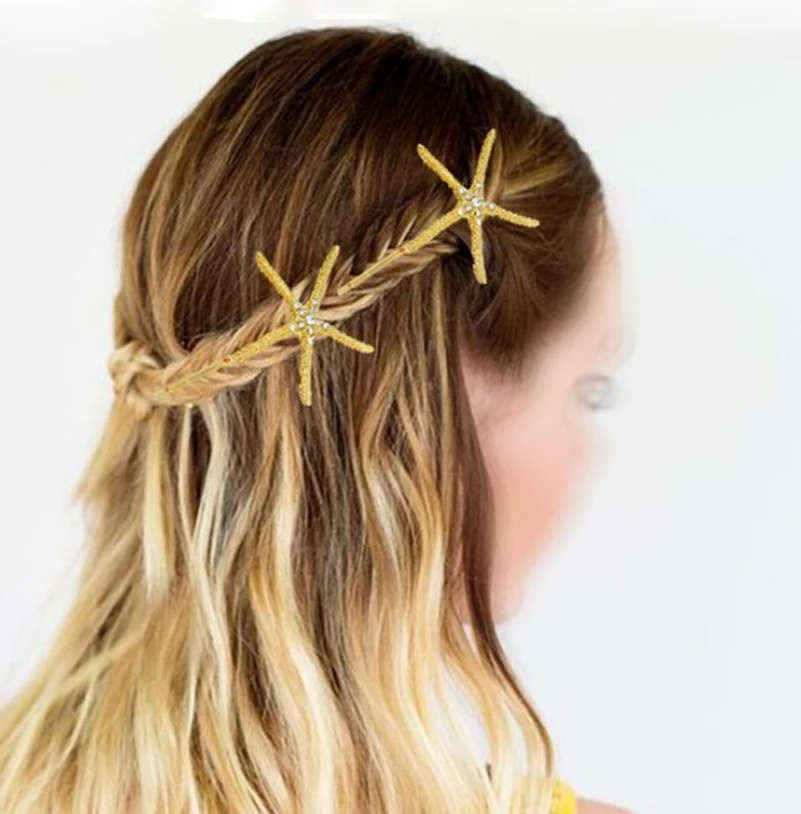 

New Hair Pin Rhinestone Crystal Gold Tone Starfish Hairpin Hair Clip Accessory Beach Ocean Style