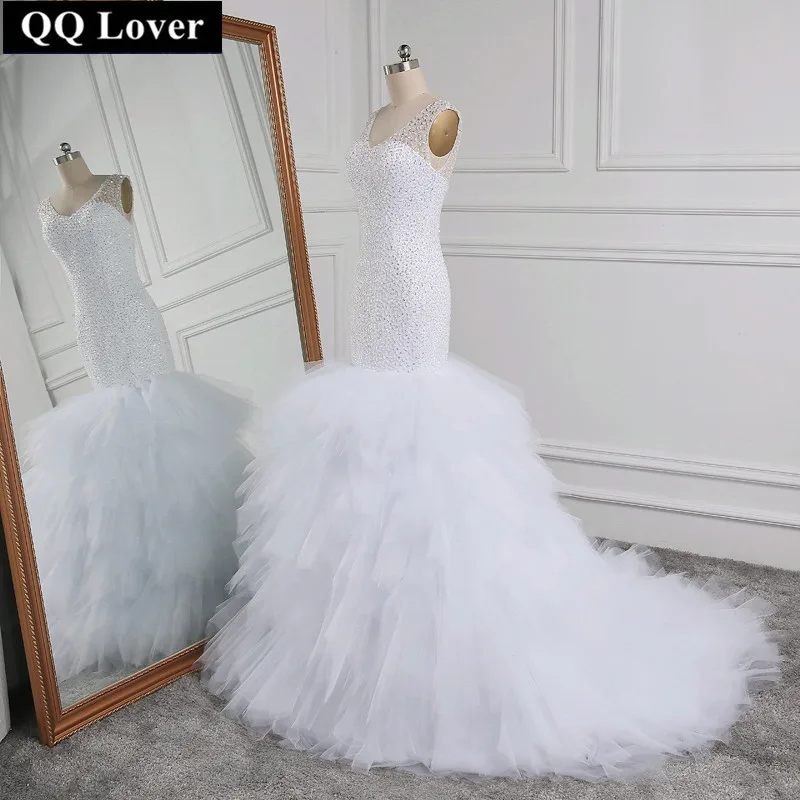 QQ Lover свадебное платье в арабском стиле глубокий v-образный вырез Бисероплетение слой Русалка свадебное Часовня Поезд открытое свадебное платье