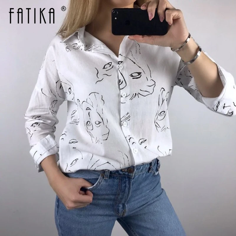 

FATIKA Loose Blouse Turn-Down Collar Shirts Cartoon Print Tops Trendy 2019 Spring New Hot Casual For Ladies