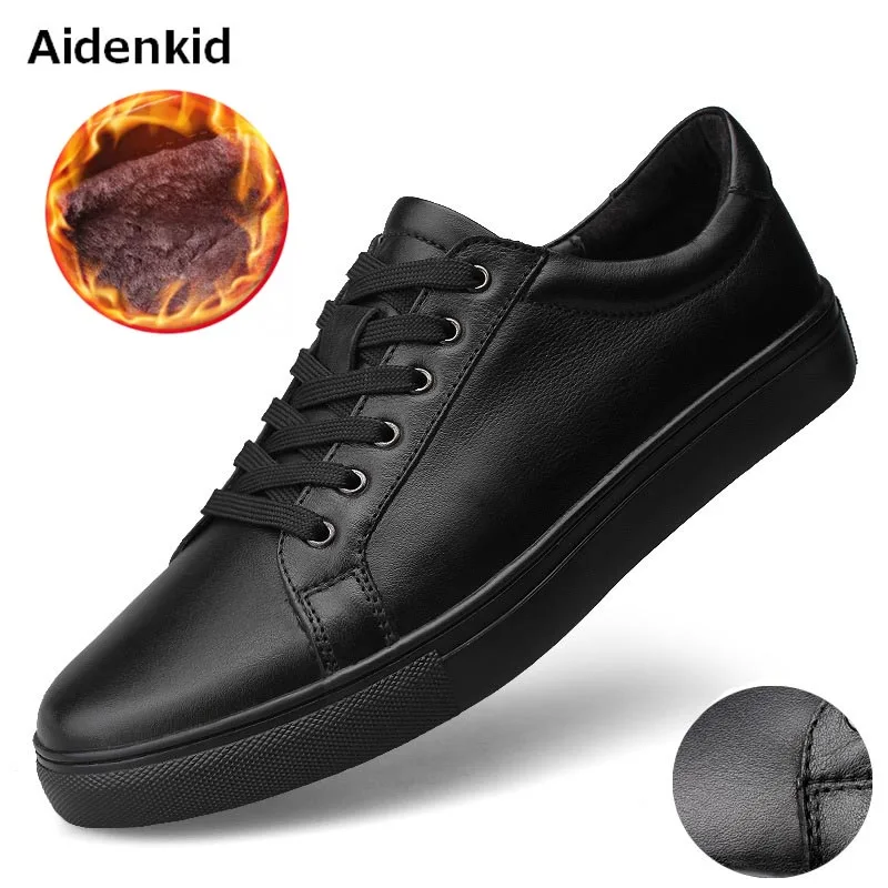 

Aidenkid Men's breathable Board Toe Shoes Cow-Leather Casual Men's Shoes wear resistant Plus Velvet Warm Cow-Leather Shoes