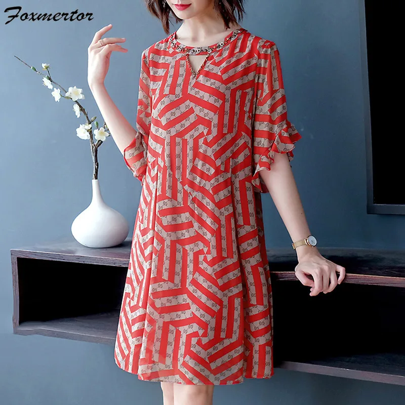 

Summer Retro Women Dress 2019 Ladies Elegant Short Sleeve O-neck Fashion Dress Women Loose Printing Chiffon Red Dresses 5XL