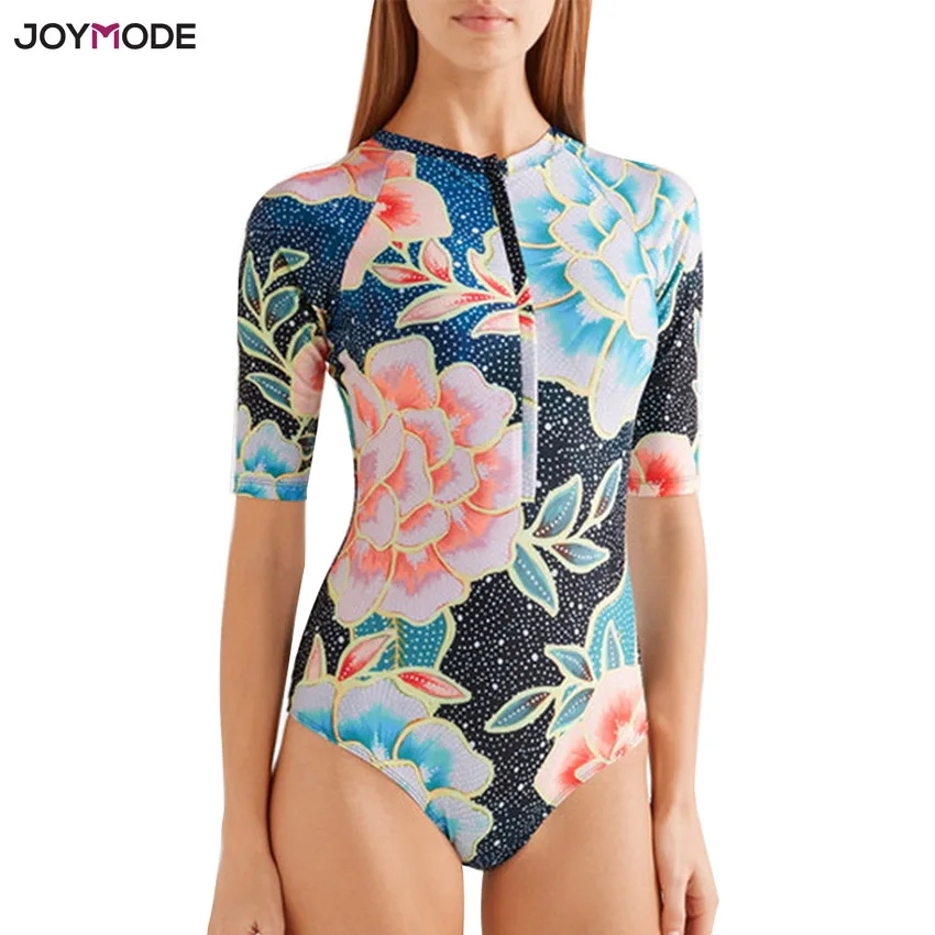 

JOYMODE Short Sleeves Women Surf Swimwear Floral One Piece Swimsuit Surfing Clothing High Neck Beach Sport Zipper Swimming Suits