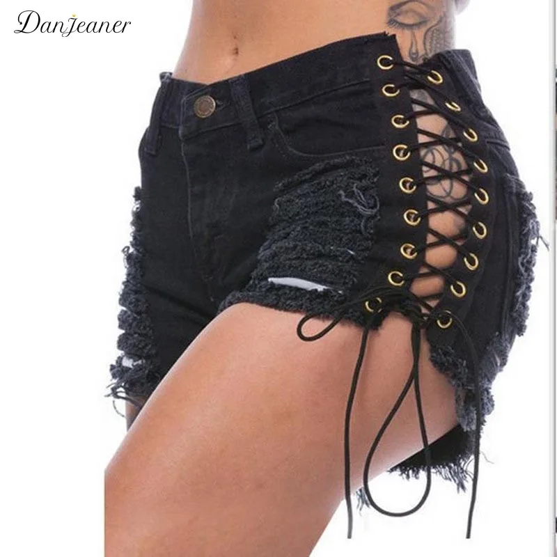 Danjeaner Sexy Ripped Hole Fringe Black Denim Shorts Women Lace Up Casual Pocket Jeans Shorts