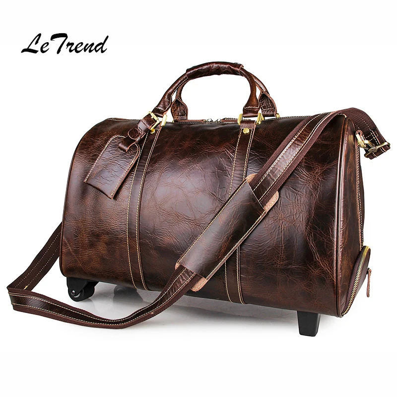 Letrend, коричневая Высококачественная Дорожная сумка из натуральной кожи, вместительная Мужская роскошная сумка на колесиках, чемодан на колесиках
