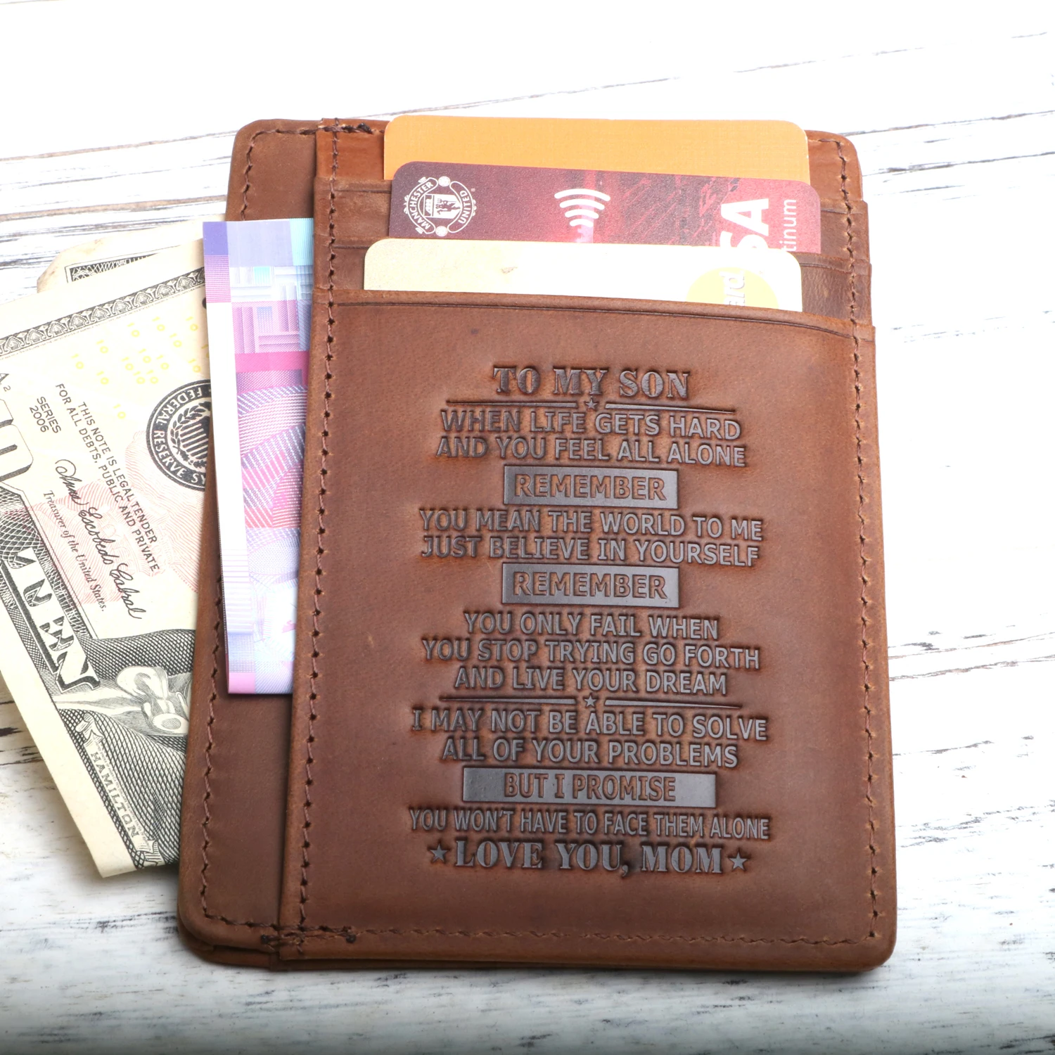 

"Mom to Son"Leather Card Wallet,Minimalist Front Pocket Card Holder Gift for Men On Birthday,Christmas Day