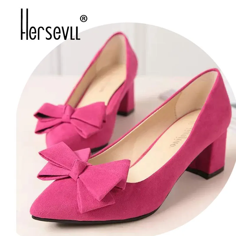 

Spring 2018 new women's high heels shoes butterfly-knot square heels black thick with pointed toe shallow mouth casual shoes