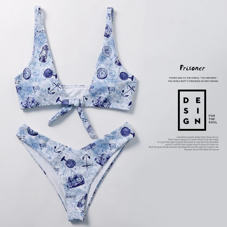 

2019 blue printed Swimsuit micro Bikinis set string Swimsuit Women bathing costume Sexy ladies Tankini swimsuits swimwear tanga