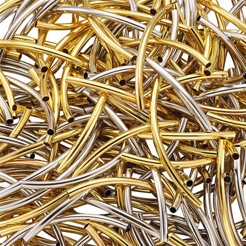 

250pcs Barrel Plating Curved Brass Tube Beads for Jewelry Making DIY Bracelet Necklace 50x3mm Hole: 2mm Golden Platinum Color