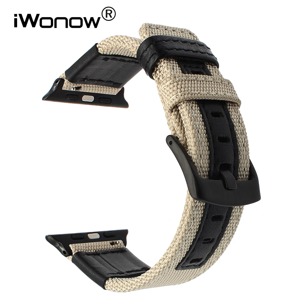 Achat Toile Nylon + Véritable Bracelet En Cuir pour Apple iWatch Montre 38mm 40mm 42mm 44mm Série 4 3 2 1 bande Dragonne Bracelet