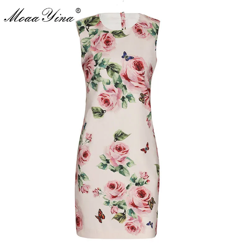 

MoaaYina 2018 High Quality Fashion Designer Runway Dress Summer Women Sleeveless Rose Floral Print Casual Holiday Elegant Dress