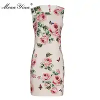 MoaaYina 2018 High Quality Fashion Designer Runway Dress Summer Women Sleeveless Rose Floral Print Casual Holiday Elegant Dress