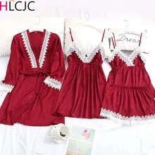 Новинка, модная Женская атласная шелковая кружевная ночная рубашка, кимоно, банный халат, набор, сексуальное свадебное белье, ночная рубашка, ночная рубашка, ночное белье