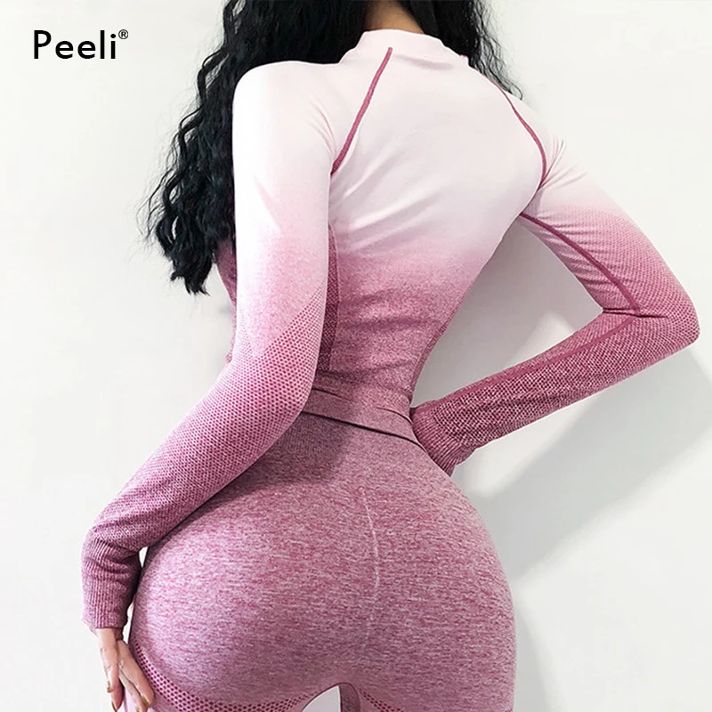 Peeli, рубашки для йоги с эффектом омбре, с длинным рукавом, для фитнеса, укороченный топ с отверстием для большого пальца, женский дышащий бесшовный топ для йоги, спортивный женский топ для спортзала, Camisas Mujer