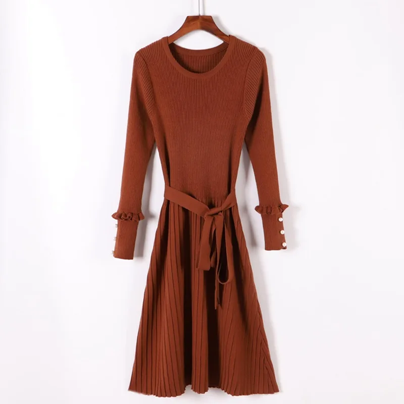 GIGOGOU ТРАПЕЦИЕВИДНОЕ женское платье-свитер Плиссированное свинг-платье с поясом платья с круглым вырезом и длинным рукавом Осень-зима шикарный с бисером дамские платья - Цвет: Brown 1203