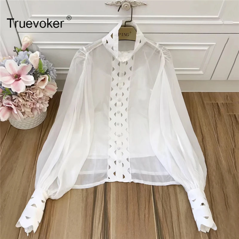 

Truevoker Spring Designer Blouse Women's High Quality Royal Elegant Shirt Stand Collar Long Sleeve Pure White Hollow Out Top
