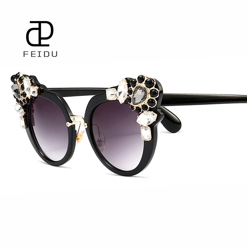 

FEIDU 2017 New Cat Eye Sunglasses Women Brand Design Diamond Decoration Coating Mirror Sun Glasses Popular Eyewear Female UV400