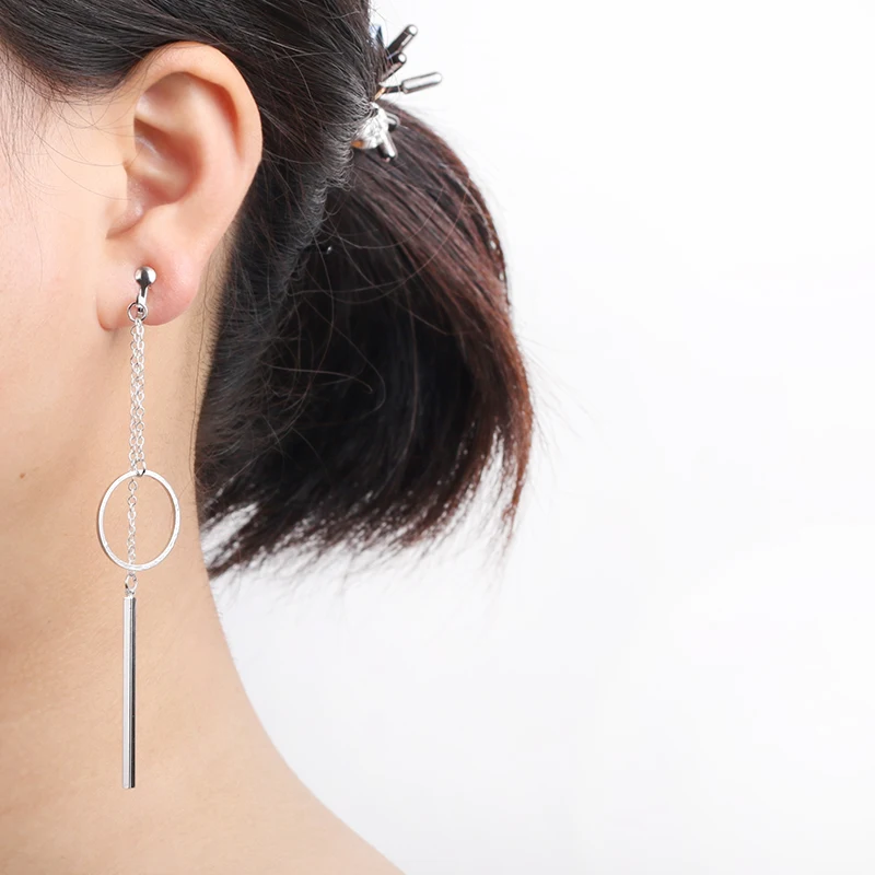 

Geometric Double Pendant Clip On Earrings Women&Girl Trendy Metal Round&Column Tassel Chain No Ear Hole Earring 2017 New Jewelry