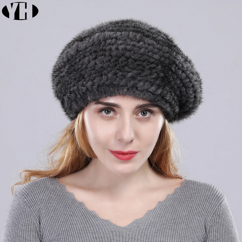 new arrive women real mink fur Berets handmade knit mink hat brand winter casual fur caps hot sale