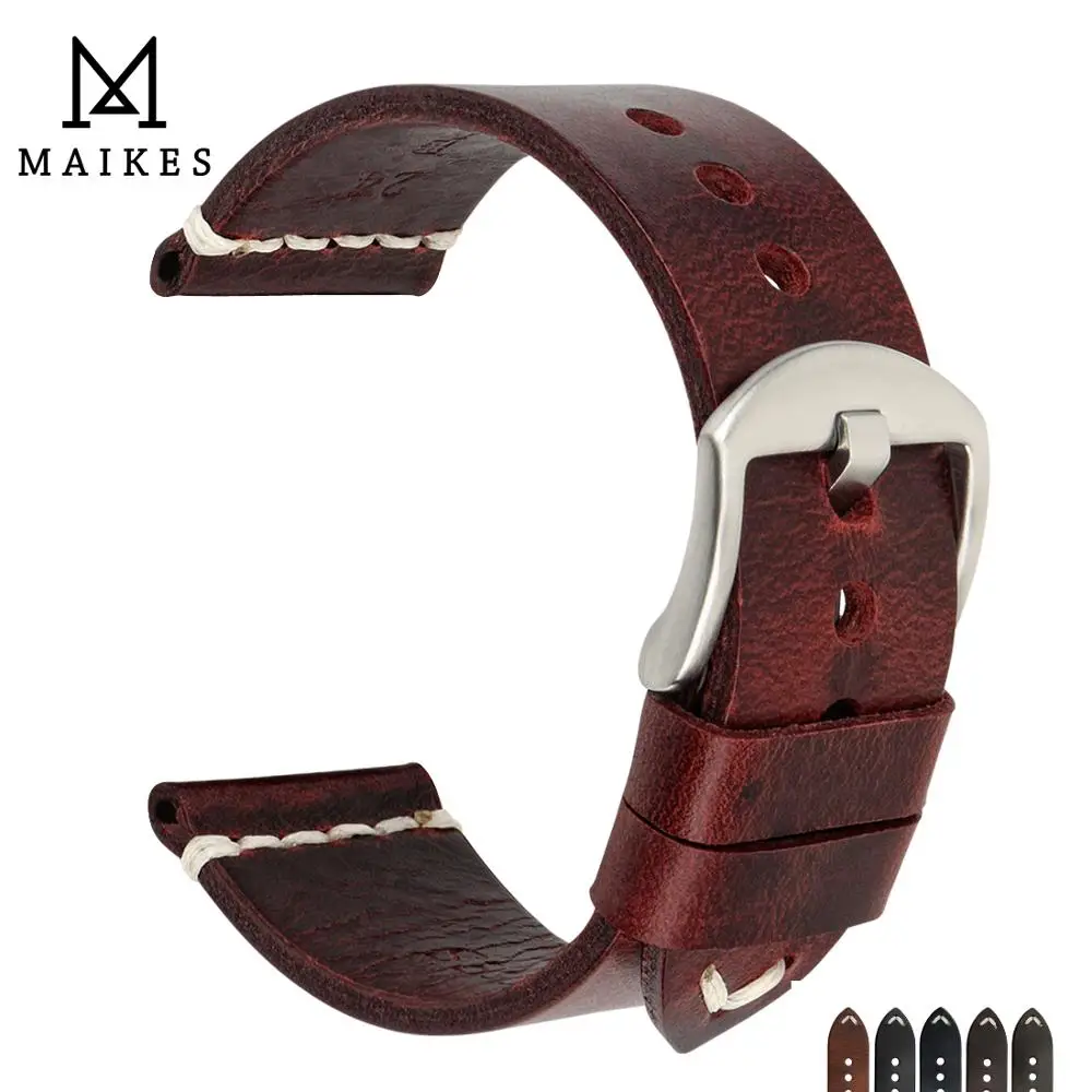 Online MAIKES Echtes Kuh Leder Armband Handgemachte Uhrenarmbänder Vintage Rot Armband Für Panerai 20mm 22mm 24mm Uhr band