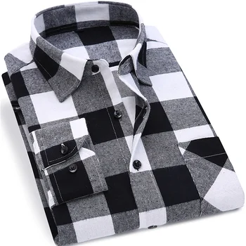 Men Plaid Shirt 100% Cotton Spring Autumn Casual Long Sleeve 4