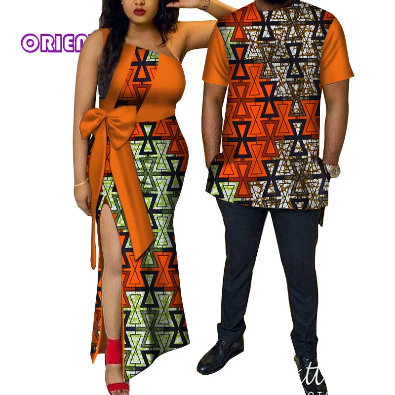 Африканская парная одежда женское платье Мужская рубашка Базен Riche Африканский принт одно плечо вечерние платья футболки для влюбленных WYQ114