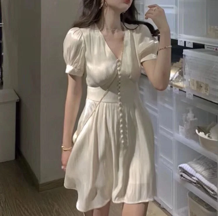 

Vintage Women Short Dress V-neck Buttons Puff Sleeve Slim A-line Dress Silky Satin Summer Dress Chic Party Dress 2019 Brand New