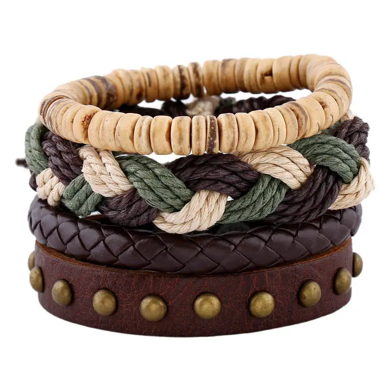 

Vintage Punk Wave Multilayer Leather Bracelet Men's Fashion Knit Handmade Rope Wood Beads Wrap Bracelet and Bracelet Men's Gift