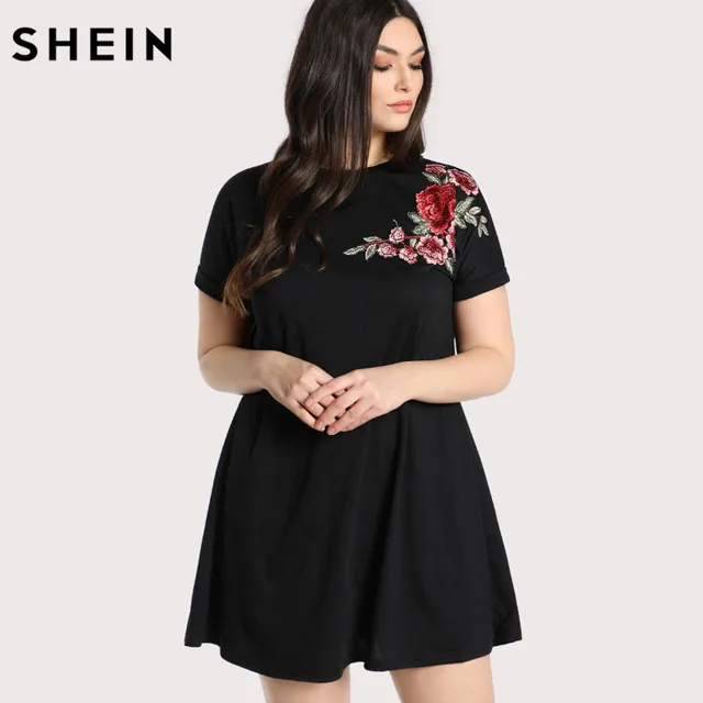 shein black plus size summer dress o neck floral short embroidered plus size summer dresses