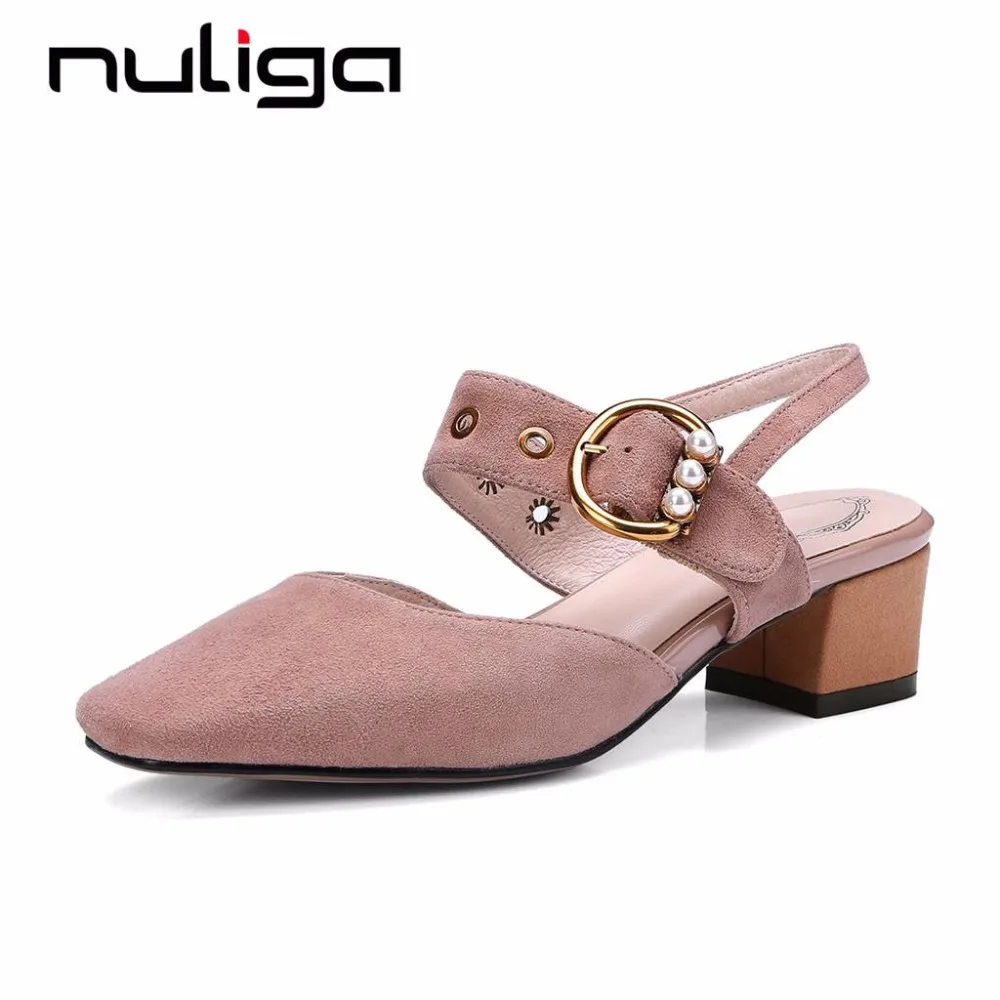 

Nuliga office lady square toe metal buckle strap pearls med thick heels slingback rivets genuine leather woman pumps shoes L39