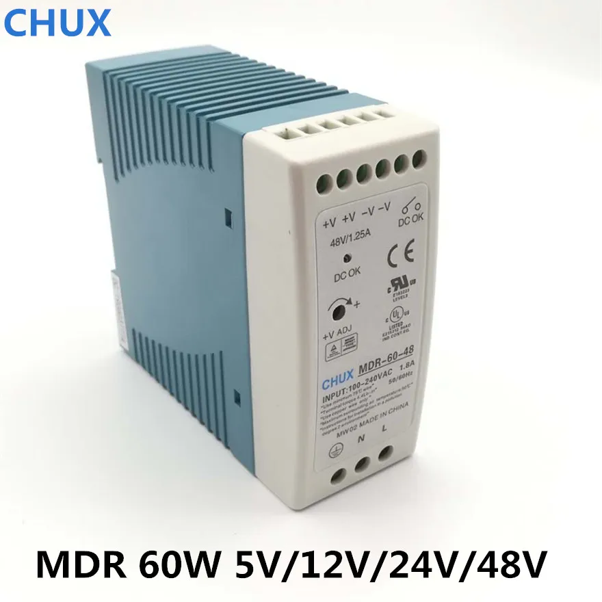 

CHUX High Quality Din Rail Switching Power Supply 60W 5V 12V 24V 48v output LED Driver CE Certificate MDR-60 Transformer