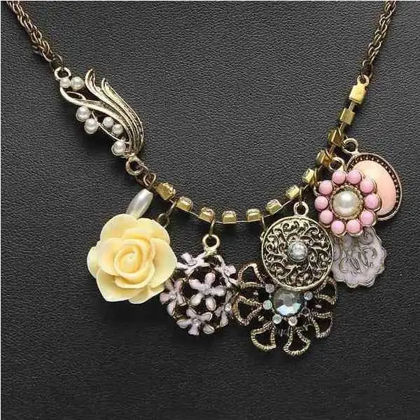Trad Vintage Bronze Rhinestone Rose Flower Pearl Necklace Metal Chain | Аксессуары для одежды